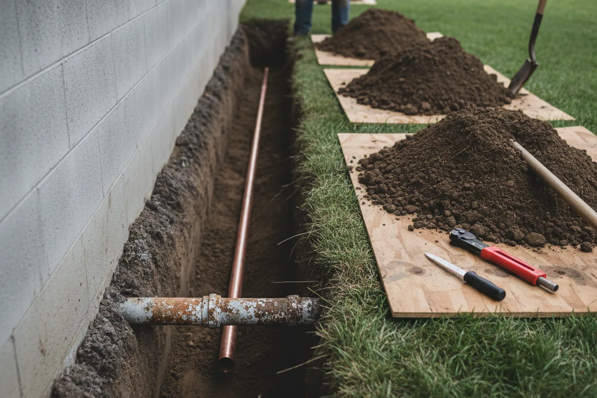 Excavated water line trench during Water Softener Installation in Pungoteague